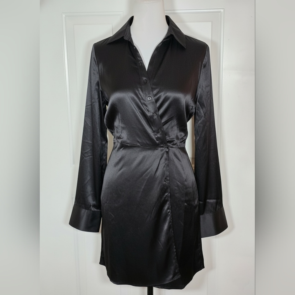Reformation Alaine Silk Black Long Sleeve Mini Dress Size 4 - Picture 4 of 8